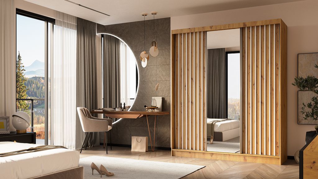 ALTDECOR Kleiderschrank mit Spiegel und Schiebetüren, kugelgelagerte Führungsschienen und Aluminium-Leisten, LED-Beleuchtung (weiß + 16 Farben) ...