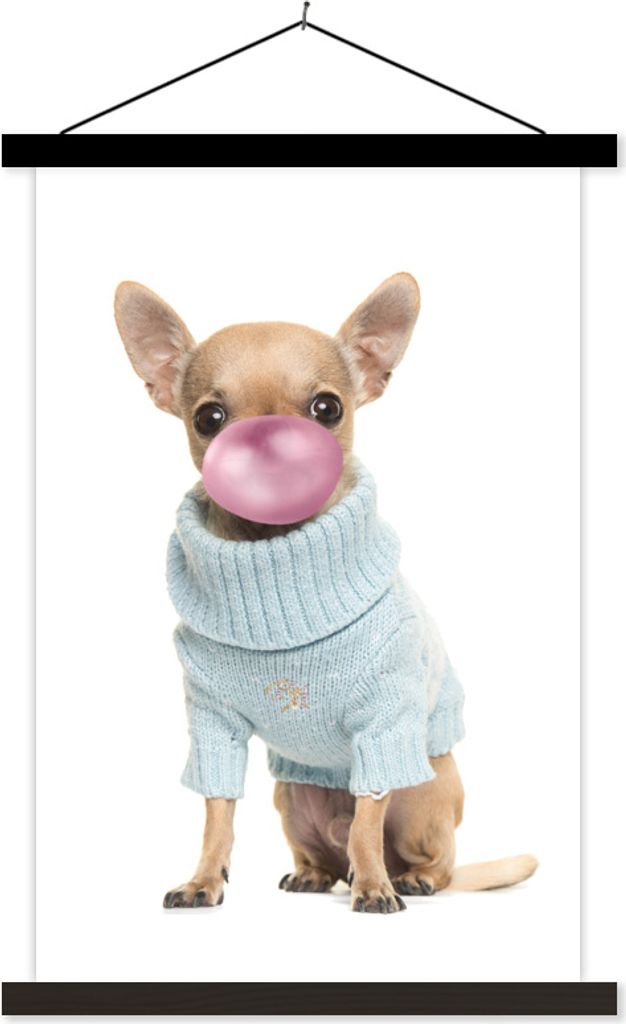 MuchoWow Textilposter Hund - Kaugummi pusten - Chihuahua - Spaß für Kinder - Mädchen - Jungen - Kinder 60x90 cm mit schwarzem Rahmen - Poster ...