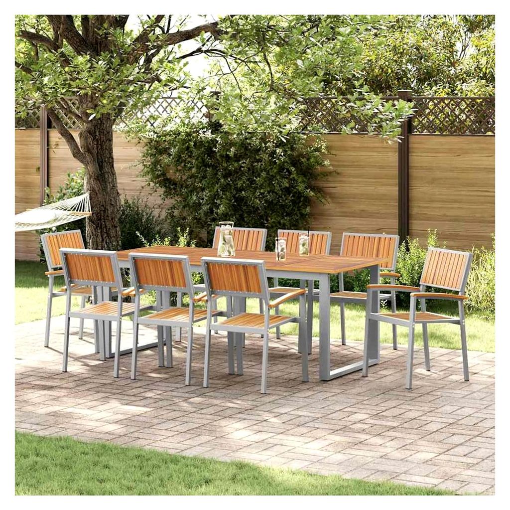 Stapelbare Gartenstühle 8 Stück aus grauem Stahl und Massivholz-Akazie für Garten, Pool, Terrasse und Esszimmer