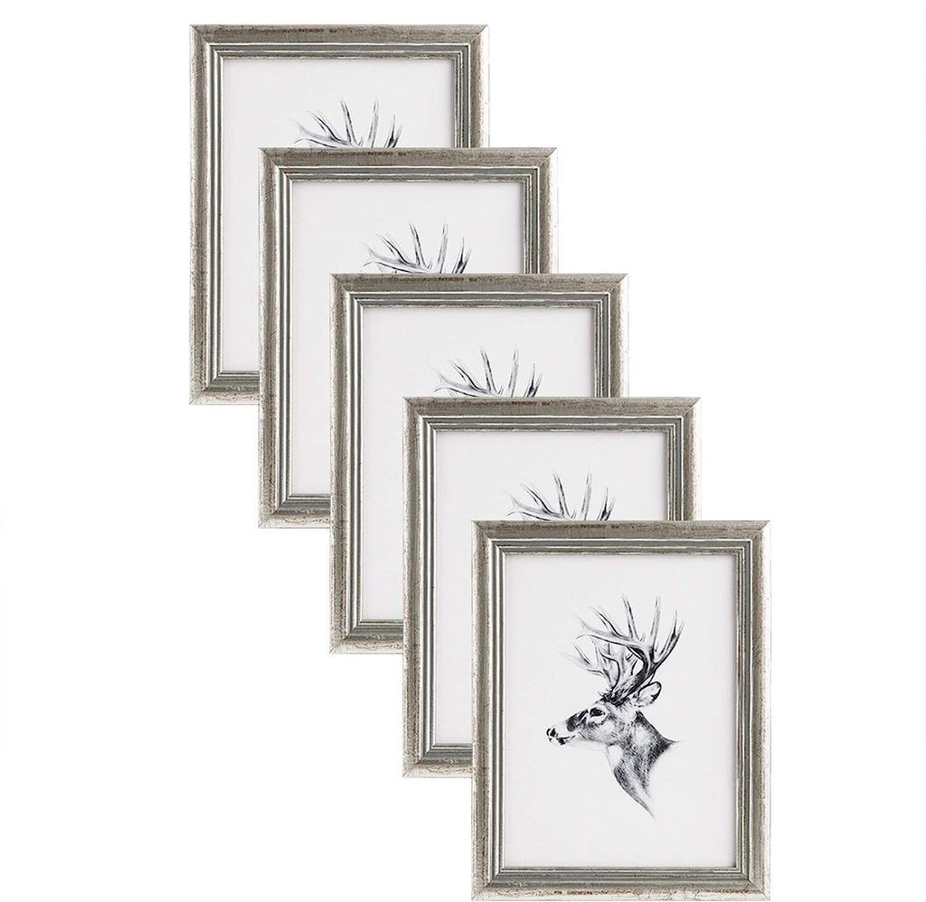 WOLTU 5er Set Bilderrahmen, Artos Stil Holzrahmen Glasscheibe, Silber, 30x40 cm