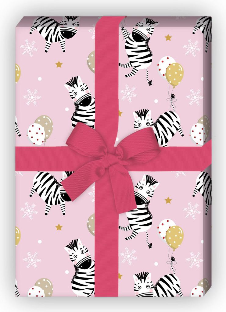 Rosa Kinder Geschenkpapier mit Zebras und Ballons - G12343, 32 x 48cm