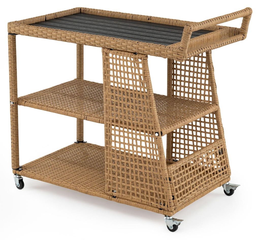 COSTWAY Servierwagen, Polyrattan Küchenwagen mit Rollen, Arbeitsplatte, offenen Ablagen & seitlichem Griff, Outdoor Rollwagen 98x54x92cm Natur
