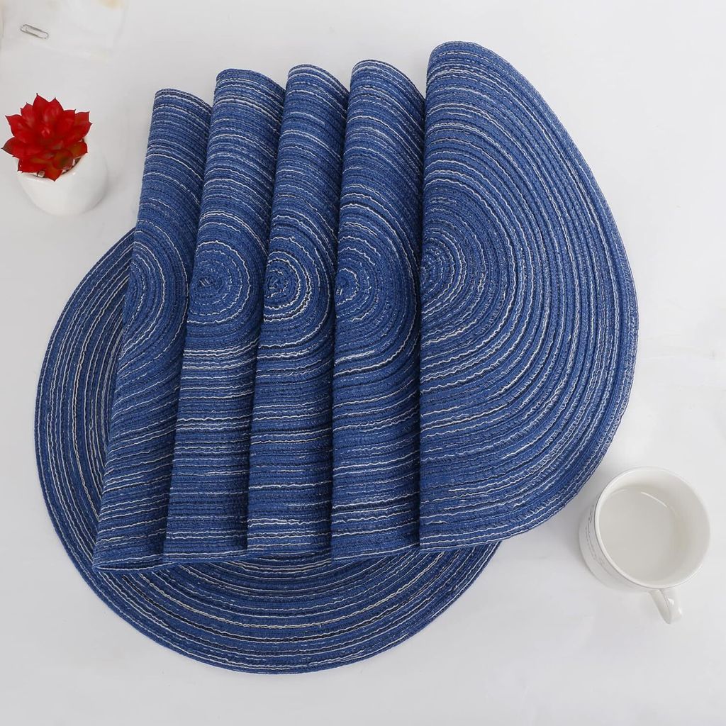 OKWISH 6er Set Tischsets Abwaschbar Rund, Platzsets Blau Geflochten, Schmutzabweisend, Hitzebeständig, Tischmatten, Platzdeckchen Abwaschbar, Blau