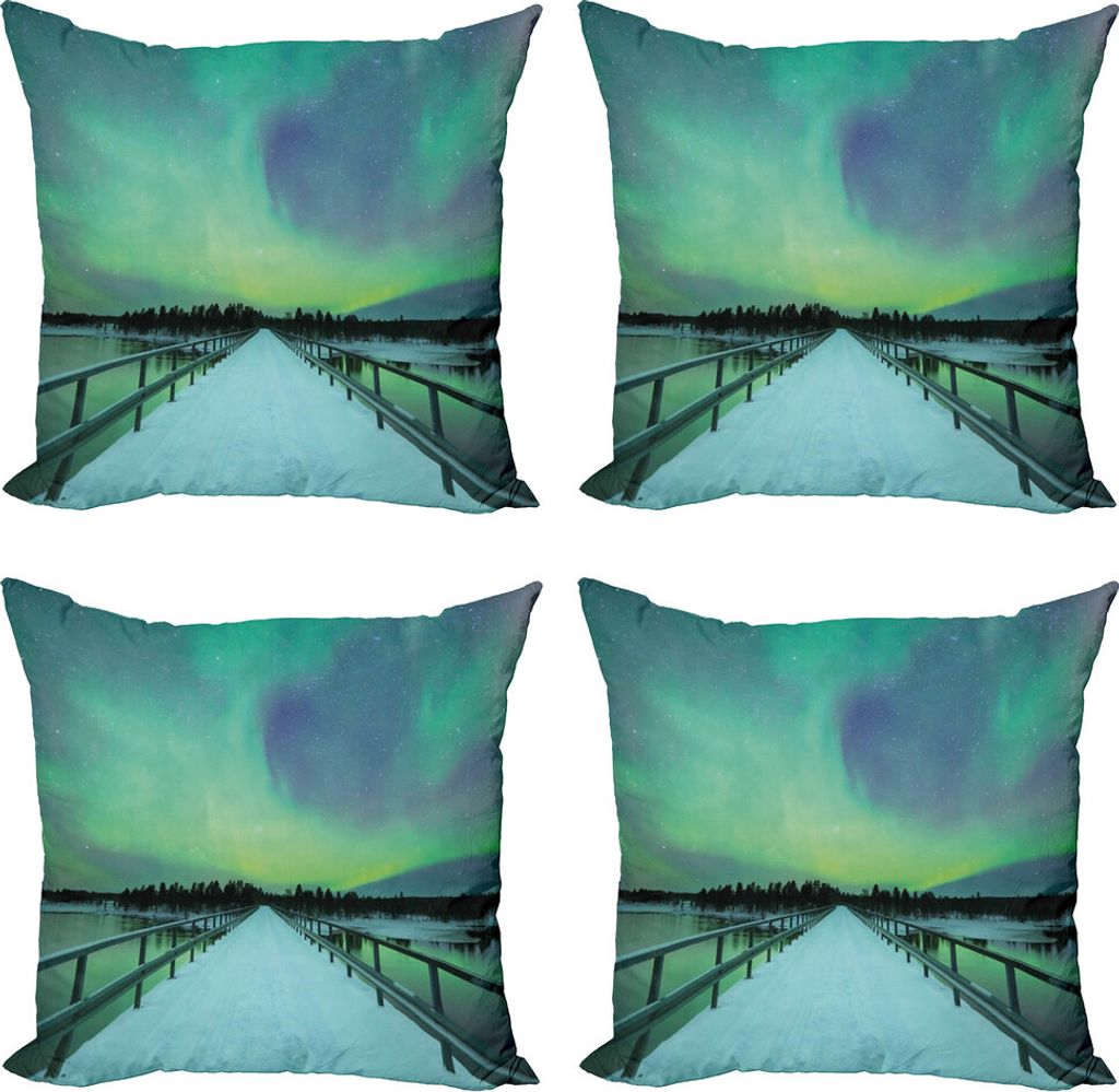 ABAKUHAUS Nordlicht Kissenbezug Set (4 Stück), Brücke Snowy Arktis, Moderner Doppelseitiger Digitaldruck, 40 cm x 40 cm, Lime Green Petrol Blau