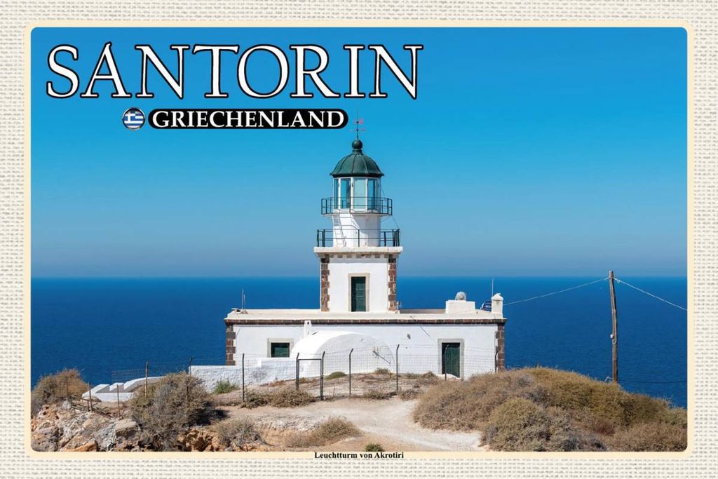 vianmo Holzschild 12x18 cm Santorin Griechenland Leuchtturm Akrotiri Bildmotiv Reisemotiv Abenteuer Reisen