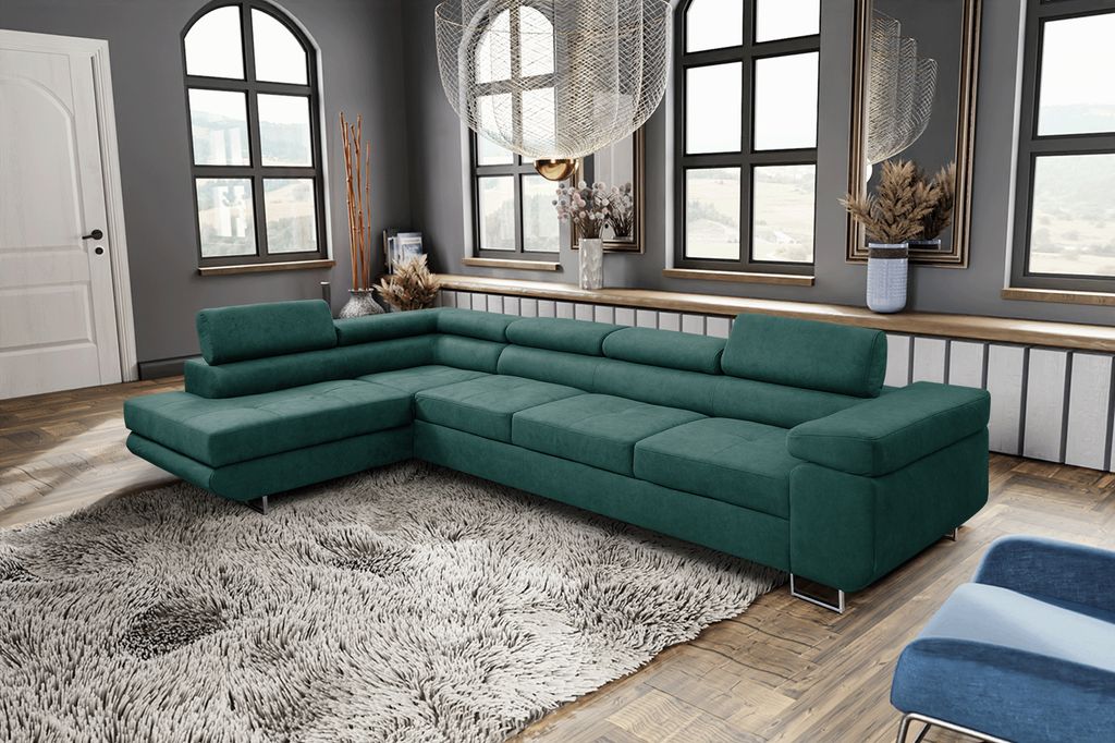 MargaretHadas24 Ecksofa L Form Marlene IV, 347x202, mit Schlaffunktion und Bettkasten Couch mit verstellbaren Kopfstützen Samtstoff linke Seite, g...