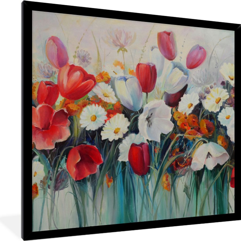 MuchoWow Gerahmtes Poster Malerei - Ölgemälde - Blumen 40x40 cm - Poster mit Schwarzem Bilderrahmen Wandposter Rahmen Foto Bilder - Mit Rahmen ...