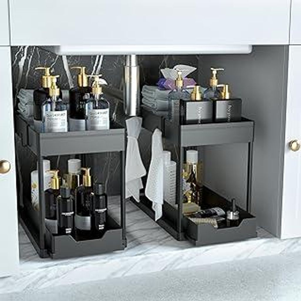 DEKAVA Küchen Organizer, 2 Unter Waschbecken Regal, Schrank Küchenorganizer mit 4 Haken, Schrankkorb für Küche, Bad, Putzmittel, Waschmittel ?S...