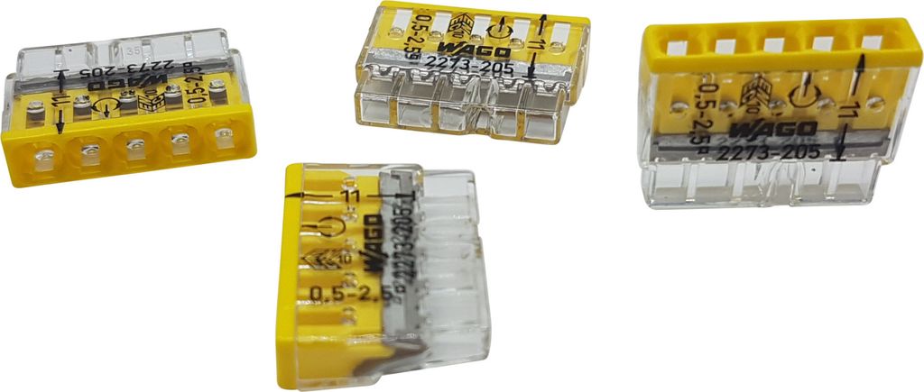 30 Stück Wago 2273-205 COMPACT-Verbindungsdosenklemme Ø 0,5-2,5 mm², 5-polig, transparent/gelb
