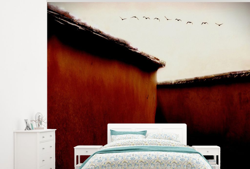 MuchoWow Fototapete für Wohnzimmer oder Schlafzimmer Wandtapete Vinyl Motivtapete Tiere - Vögel - Häuser - Rot - 300x240 cm - Fototapeten