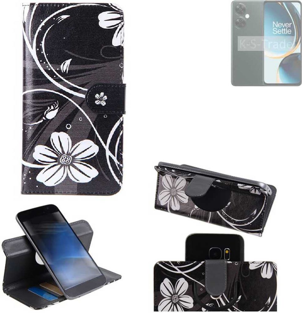 K-S-Trade Schutzhülle Handyhülle kompatibel mit OnePlus Nord CE 3 Lite 5G Hülle 360° Wallet Case “Flowers“ Klapphülle Hülle schwarz-weiß 1x