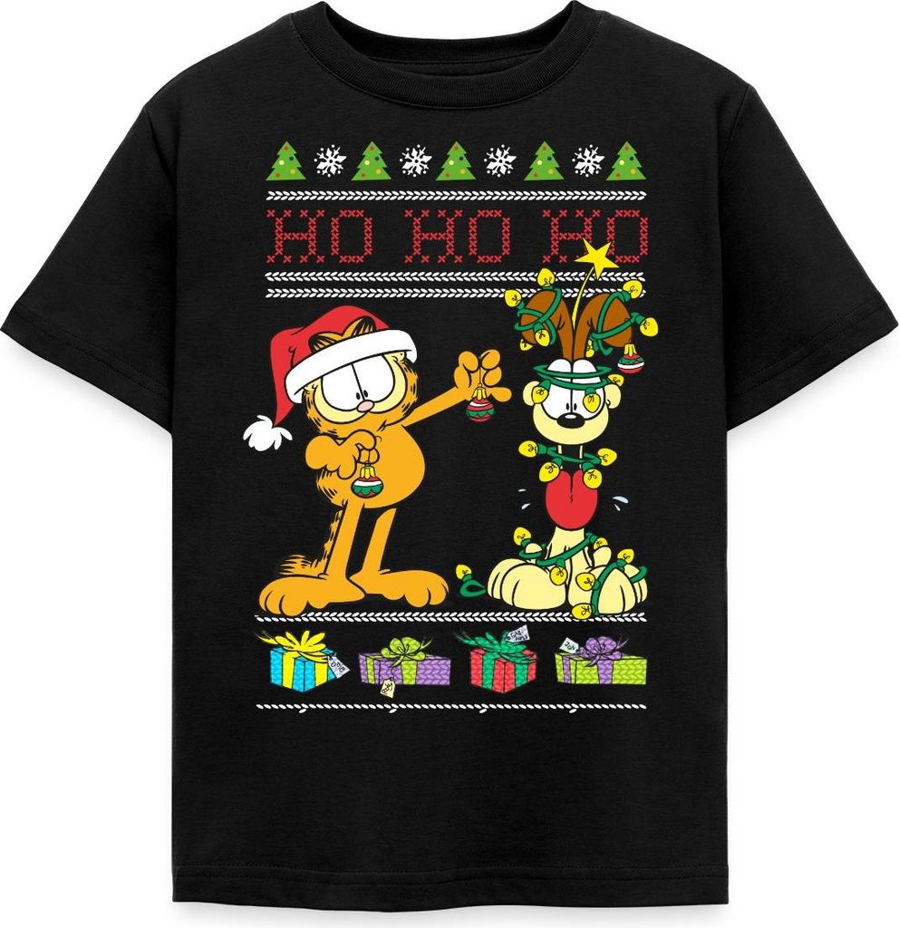 Spreadshirt Garfield Und Odie Hohoho Ugly Christmas Weihnachten Kinder T-Shirt, 110/116 (5-6 Jahre), Schwarz