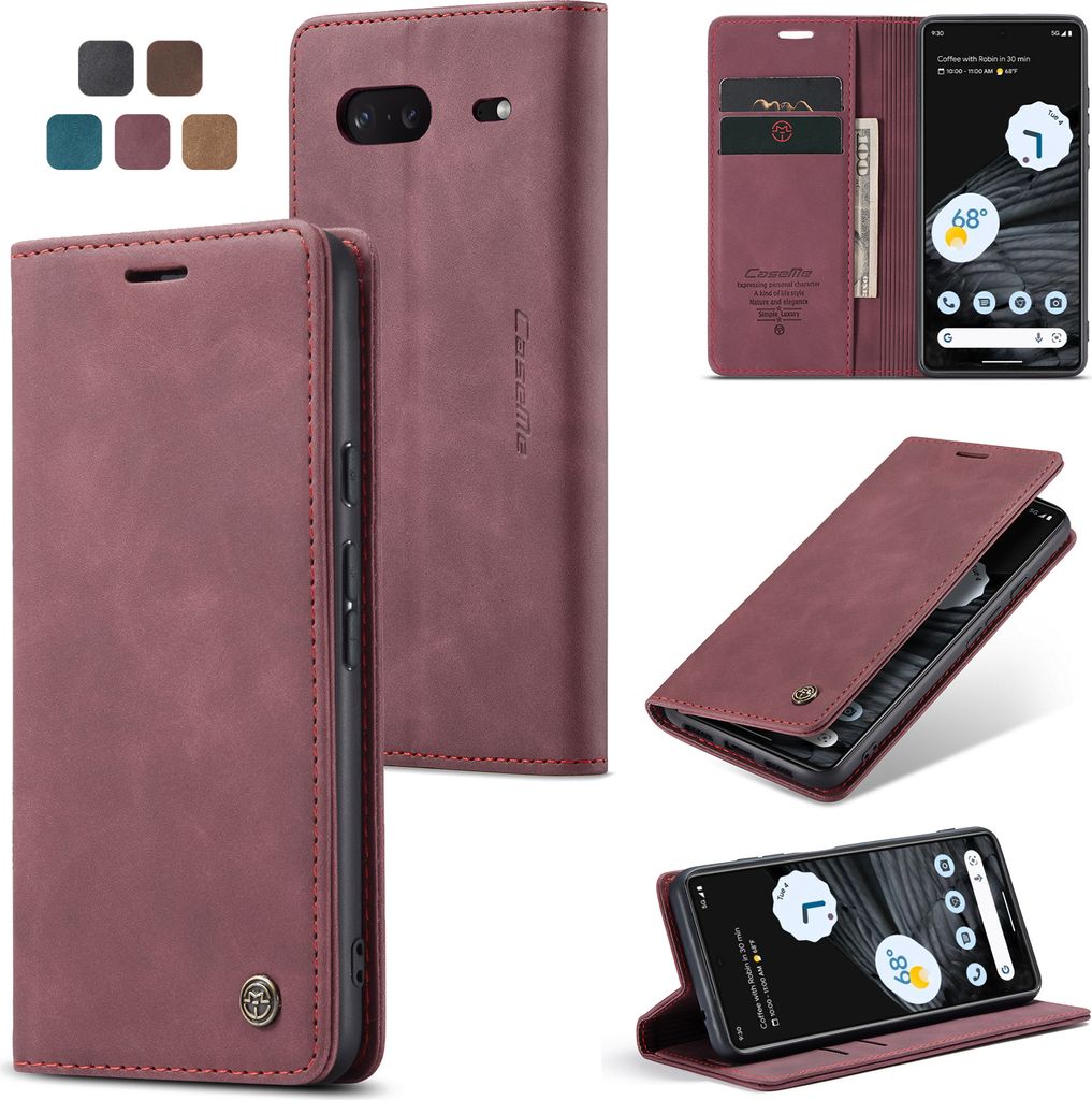 Caseme Handyhülle Leder Hülle Klapphülle Tasche Etui für Google Pixel 7 Karmesinrot