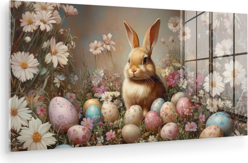 MuchoWow Glasbilder - Bilder auf Wandbild - Foto auf Glas Osterhase - Frühling - Ostereier 80x40 cm Wanddekoration aus Glas - Acrylglasbild - Acry...
