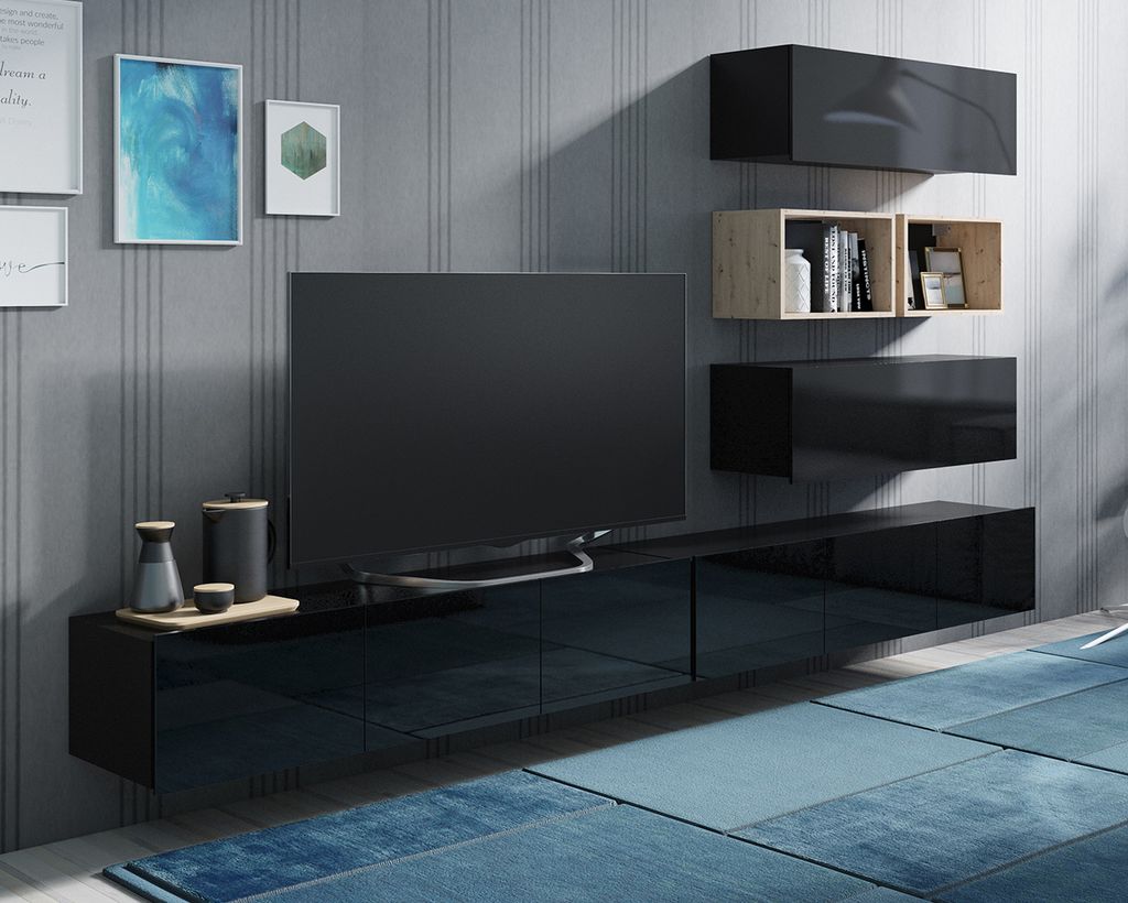 Wohnwand Amanda XVI TV Möbel Schrankwand TV Lowboard Wohnzimmer-Set Bücherregale Anbauwand (Schwarz matt + Schwarz Hochglanz Fronten / Artisan Ei...