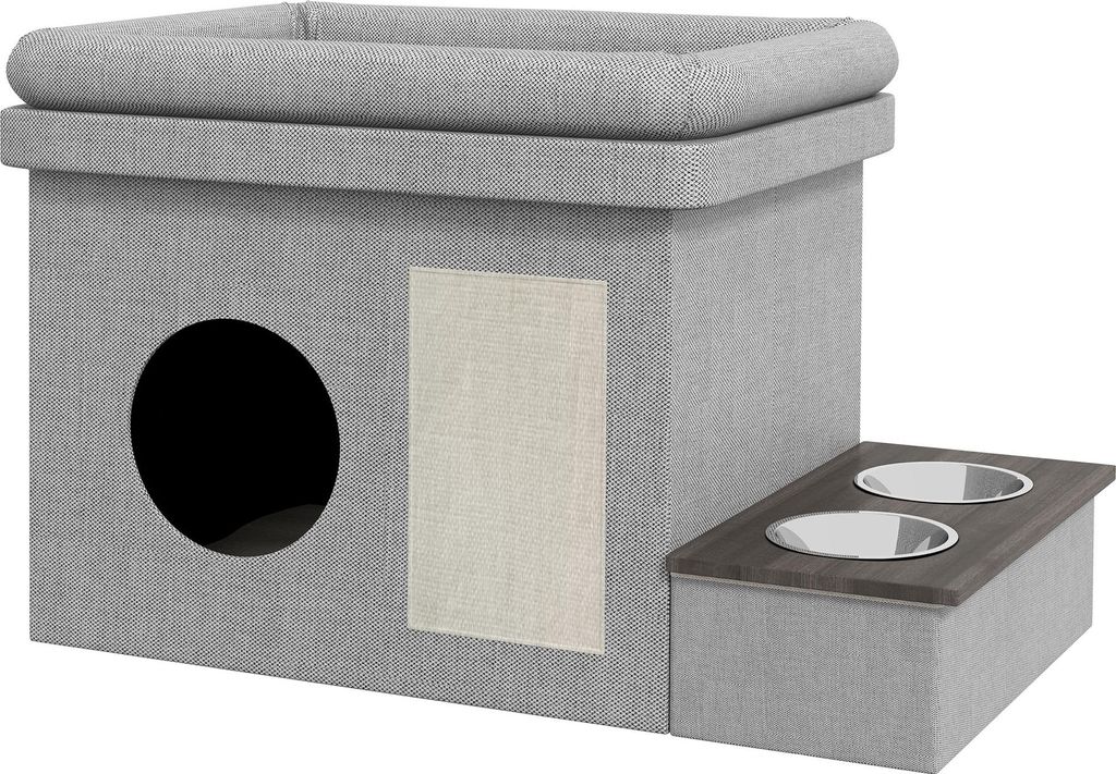 Katzenhaus mit 2 Edelstahlnäpfen, Kratzmatte und Kuschelkissen - Graues Katzenbett 78x48x49,5 cm für gemütliche Ruheplätze