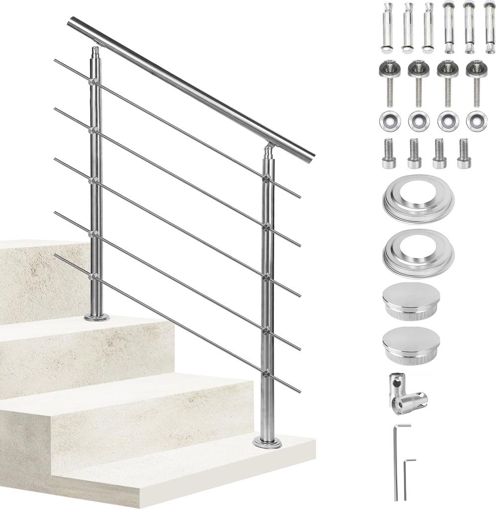 Hebitod Geländer Edelstahl Handlauf Treppengeländer für Balkon Treppen Innen und Außen 80cm (5 Querstreben)