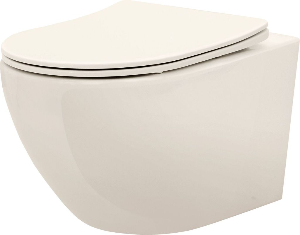 A wall-mounted toilet with a closed lid, shown from a side-front angle against a white background.