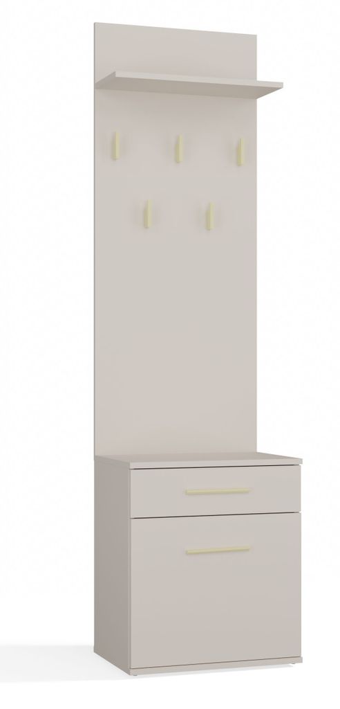 A light beige hall tree with a shelf, coat hooks, and two drawers/cabinets.