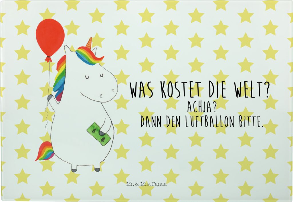 Mr. & Mrs. Panda Schneidebrett Einhorn Luftballon - Weiß - Geschenk, Unicorn, schneidbrett, Servierplatte, Glasschneidebrett, Schneideunterlage, G...