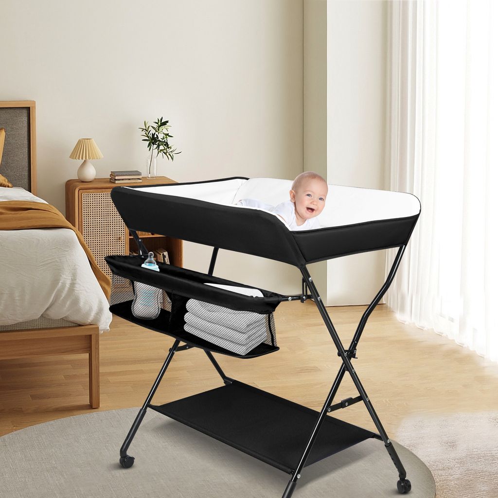 Baby Klappbarer Wickeltisch,Mobiler Wasserdicht Wickeltisch,Baby Wickelkombi mit Ablagefächern 86x62x96cm Schwarz