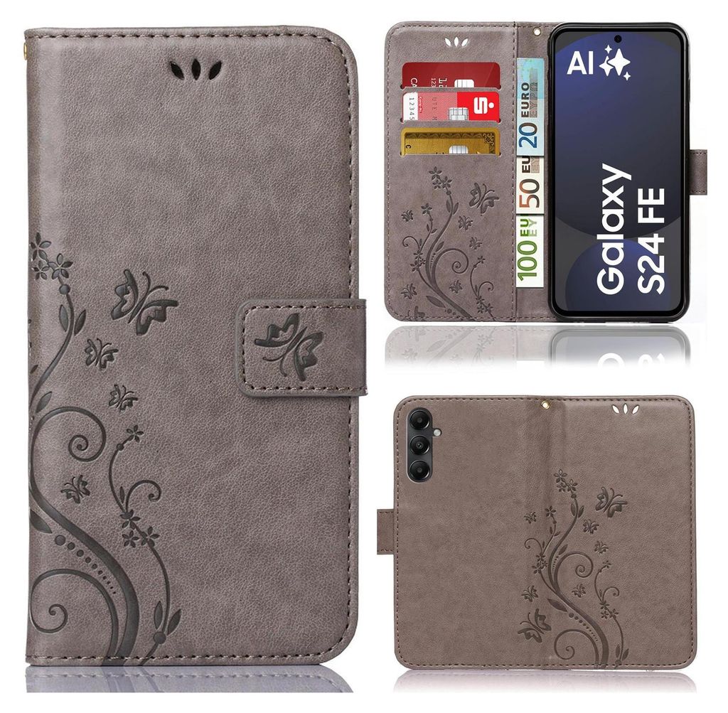 Collage of a phone case for a Samsung Galaxy S24 FE, showing different views and features.
