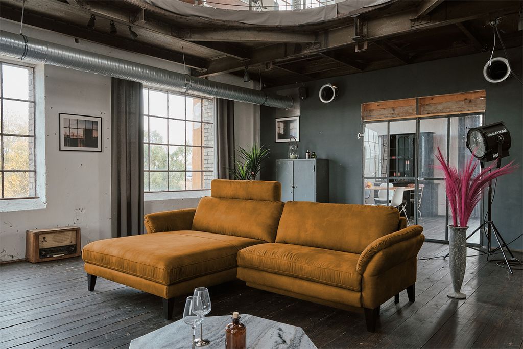 KAWOLA Sofa MALTA Ecksofa Stoff cognac mit Kopfstütze Recamiere links