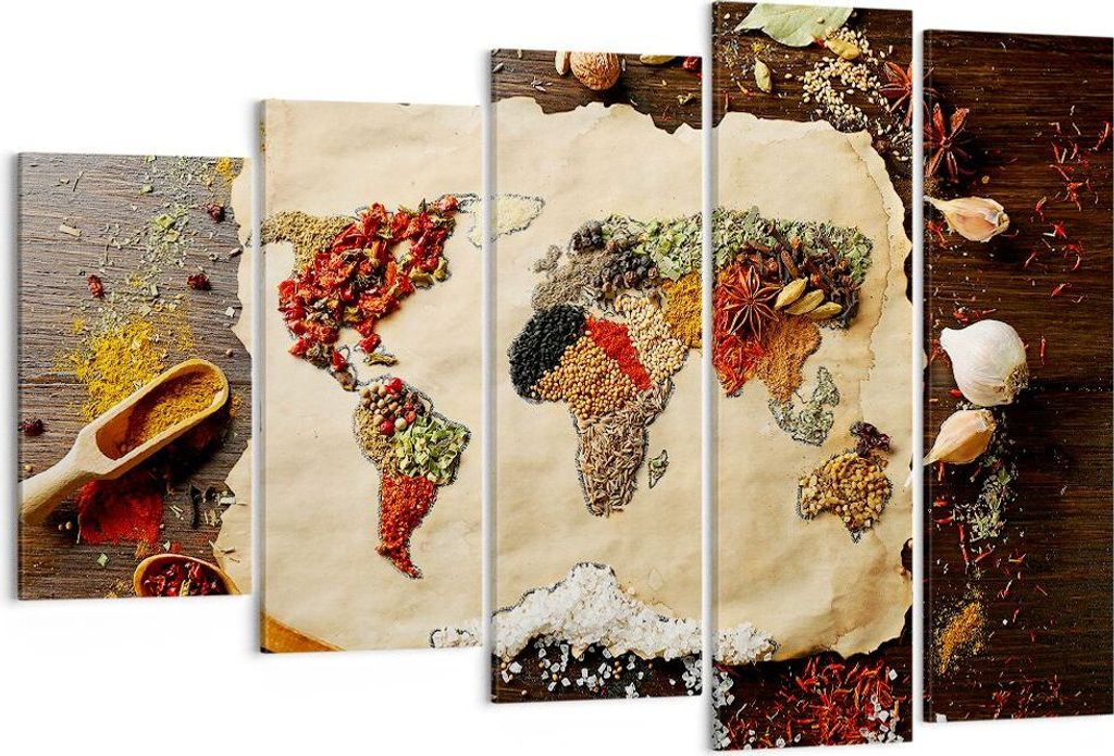 Bild auf Leinwand - Leinwandbild - Welt Karte Gewürze Farben - 150x100cm - Wand Bild - Wanddeko - Leinwanddruck - Bilder - Kunstdruck - Wanddekora...