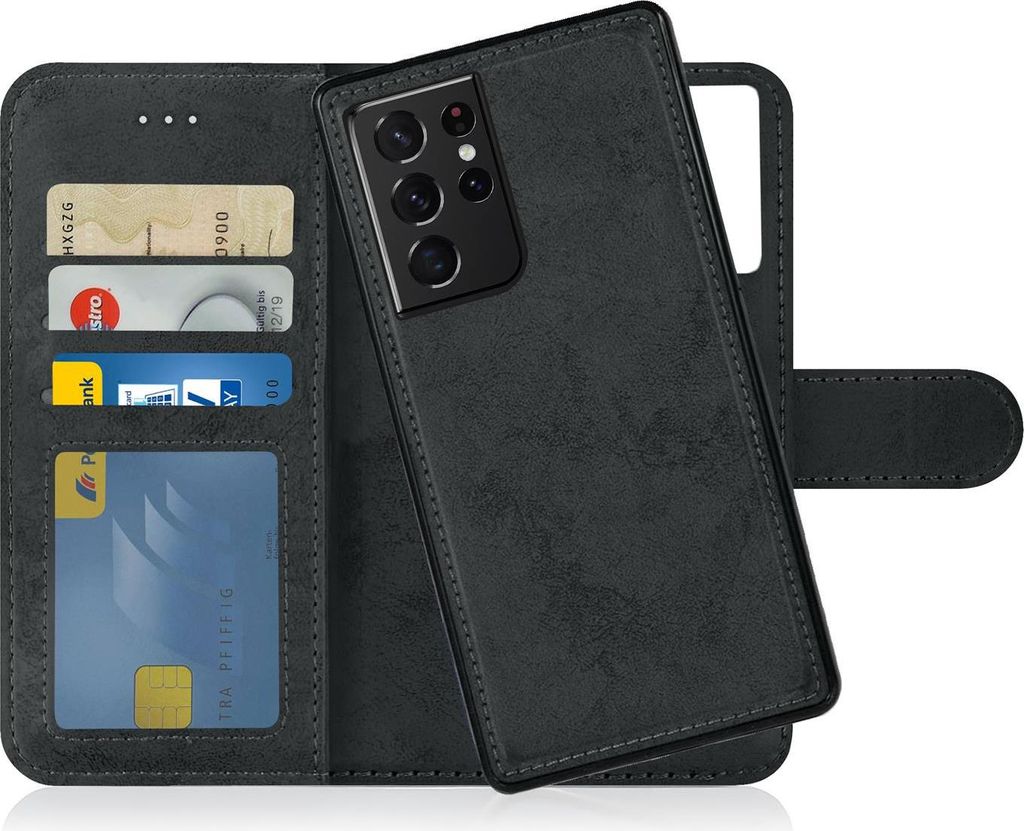 Flip Case für Samsung Galaxy S21 Ultra abnehmbare Magnet Hülle aus Kunstleder in Grau Schwarz