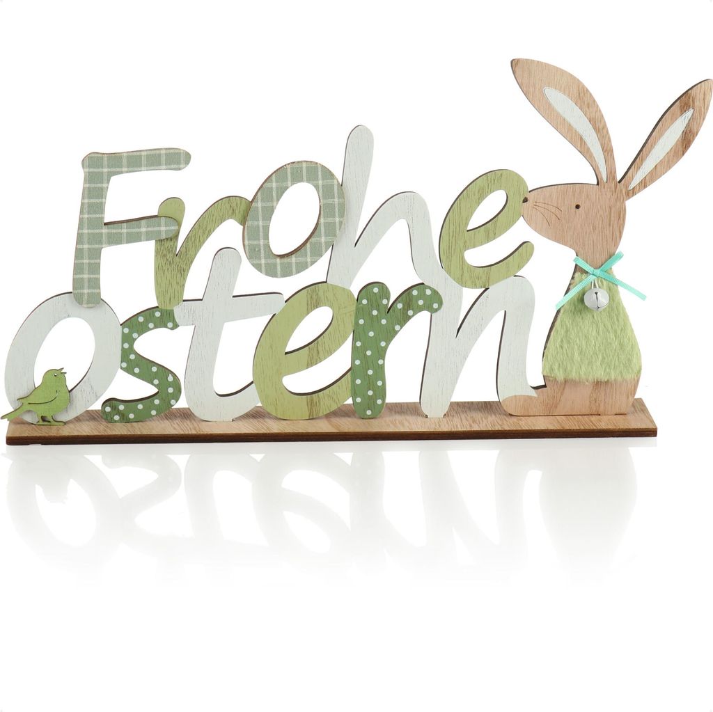 com-four Deko Aufsteller Frohe Ostern - Schriftzug mit Osterhasen - Osterdeko zum Hinstellen - Osterdekoration aus Holz mit Glöckchen