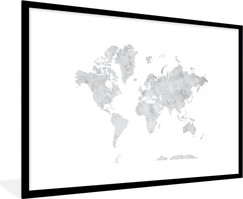 MuchoWow MuchoWow Gerahmtes Poster Weltkarte - Grau - Marmor 90x60 cm - Poster mit zchwarzem Bilderrahmen - Wanddekoration - Fotos