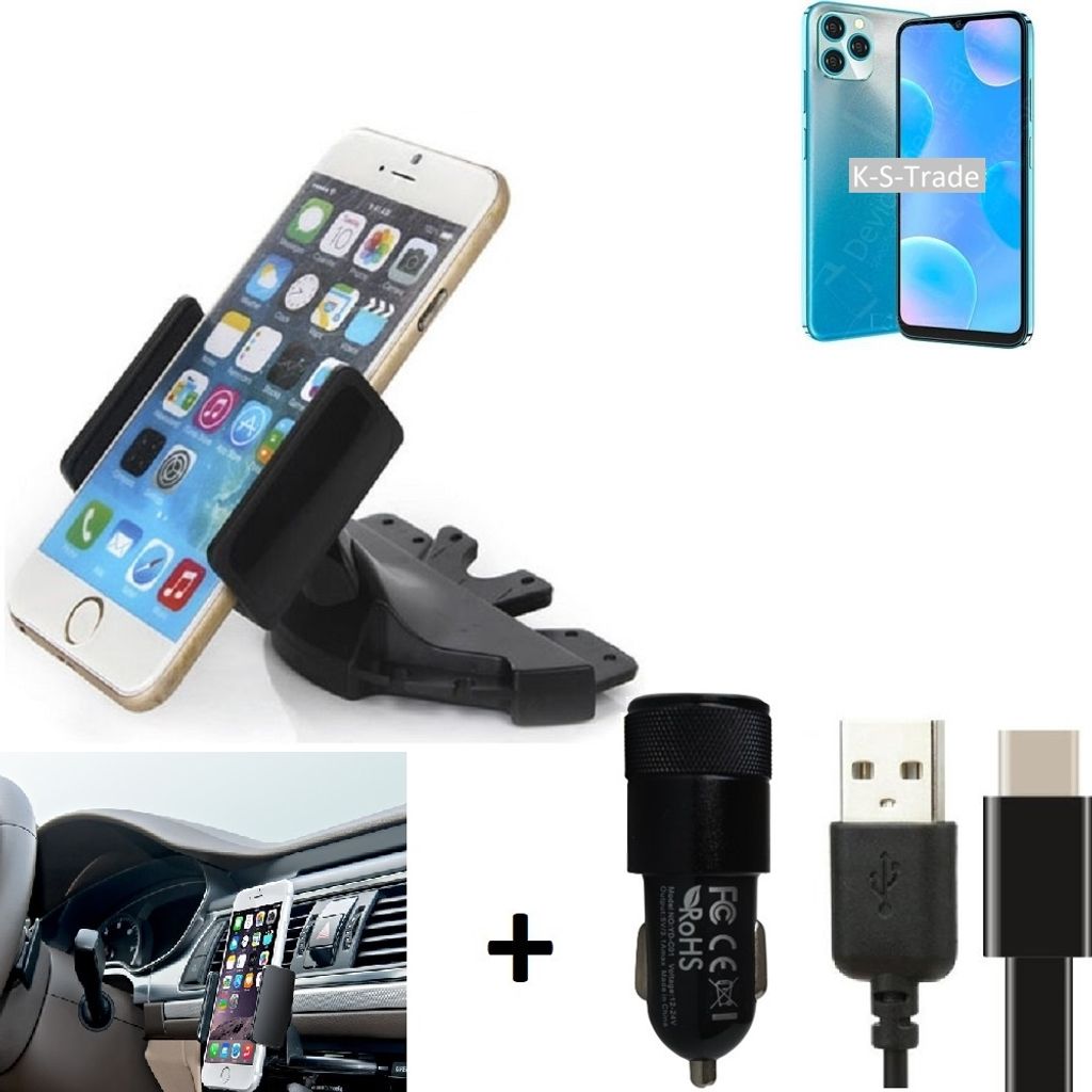 K-S-Trade CD Schlitz Handy-Halterung kompatibel mit Blackview A95 Autohalterung KFZ-Halter Radio Handy Halterung 360° drehbar CD-Schacht inkl. USB-C