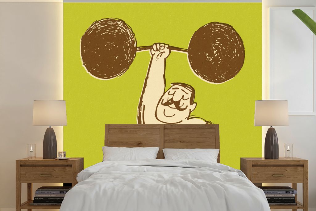 MuchoWow Fototapete für Wohnzimmer oder Schlafzimmer Wandtapete Vinyl Motivtapete Eine Illustration eines Bodybuilders mit dem Gewicht in einer ...