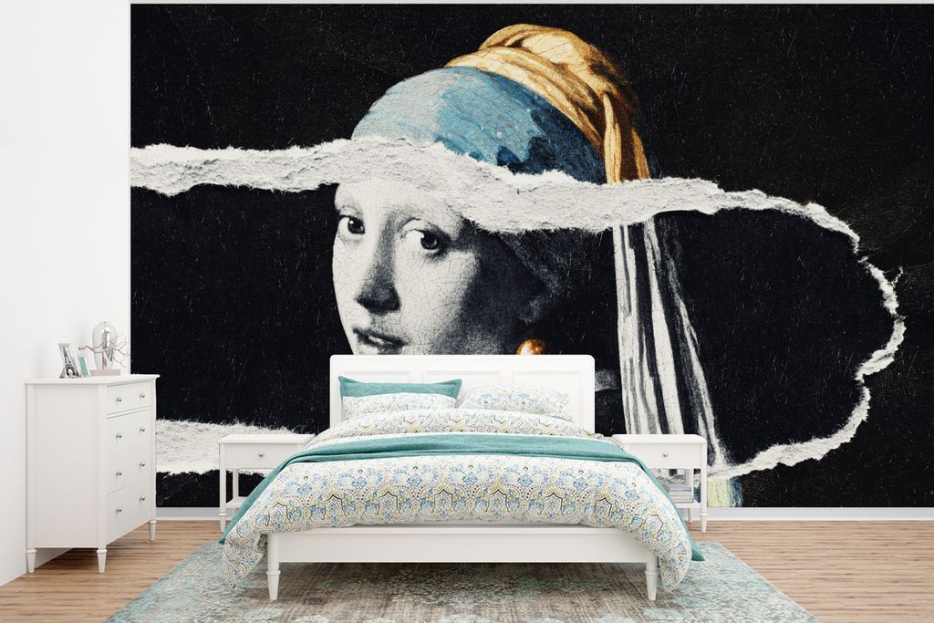 MuchoWow Fototapete für Wohnzimmer oder Schlafzimmer Wandtapete Vinyl Motivtapete Mädchen mit Perlenohrring - Gold - Schwarz - Weiß - 320x240 ...