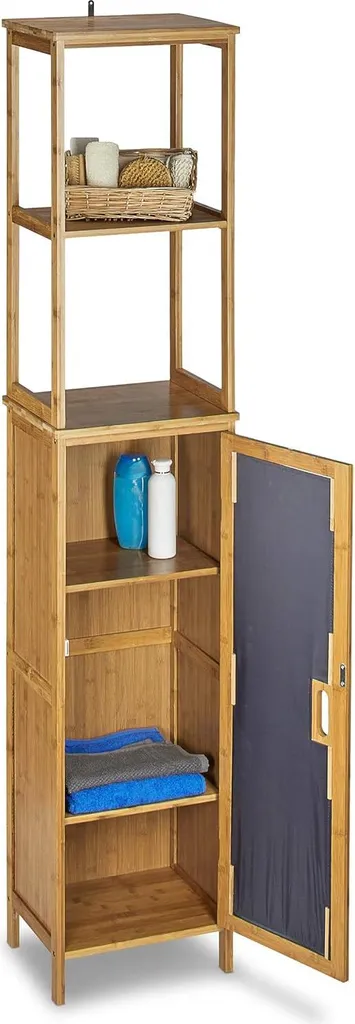 Armoire de salle de bain haute en bois de bambou avec porte et rayons