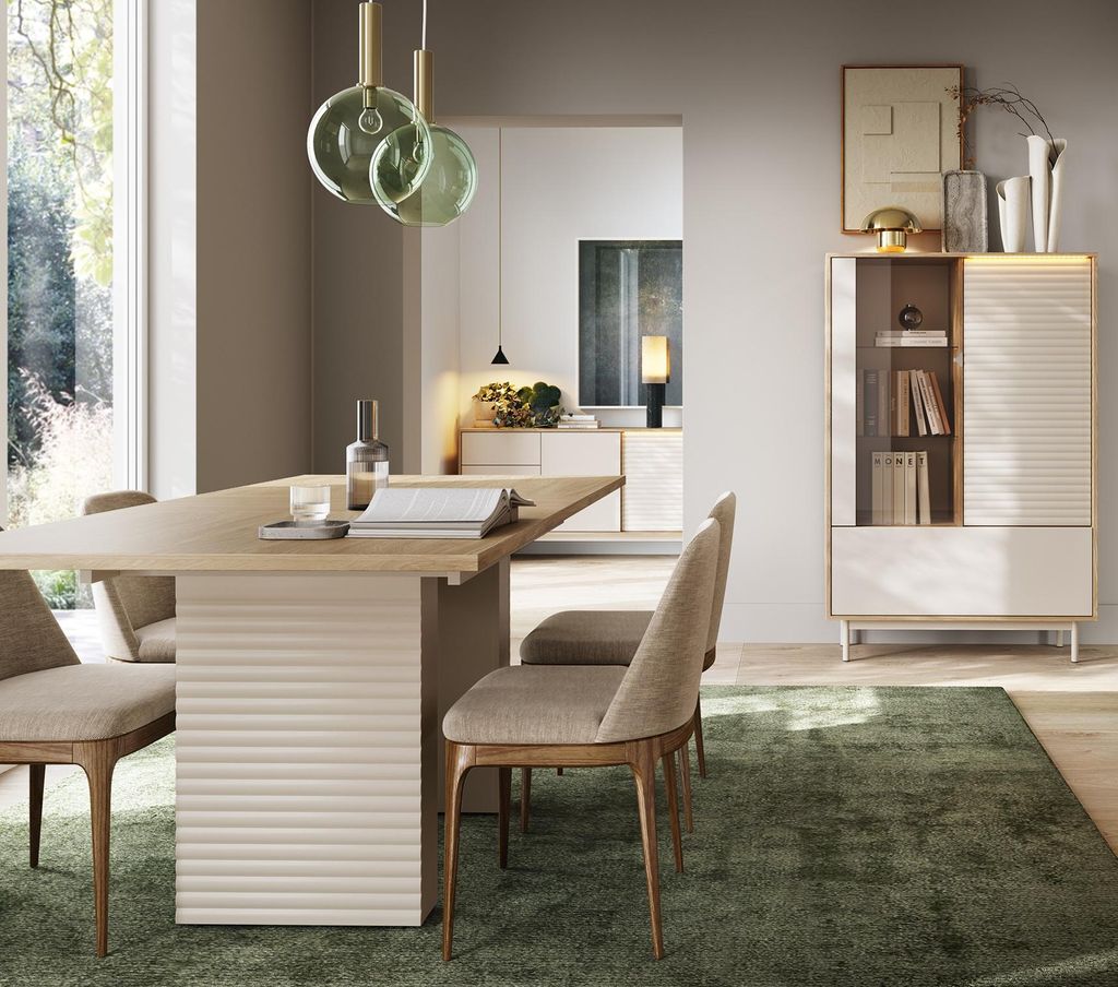 Esstisch TILIA TI6, Stilvoll, Ausziehbar, Esszimmertisch, Ausziehbarer Tisch mit geriffelten seiten (Eiche + Cashmiere)