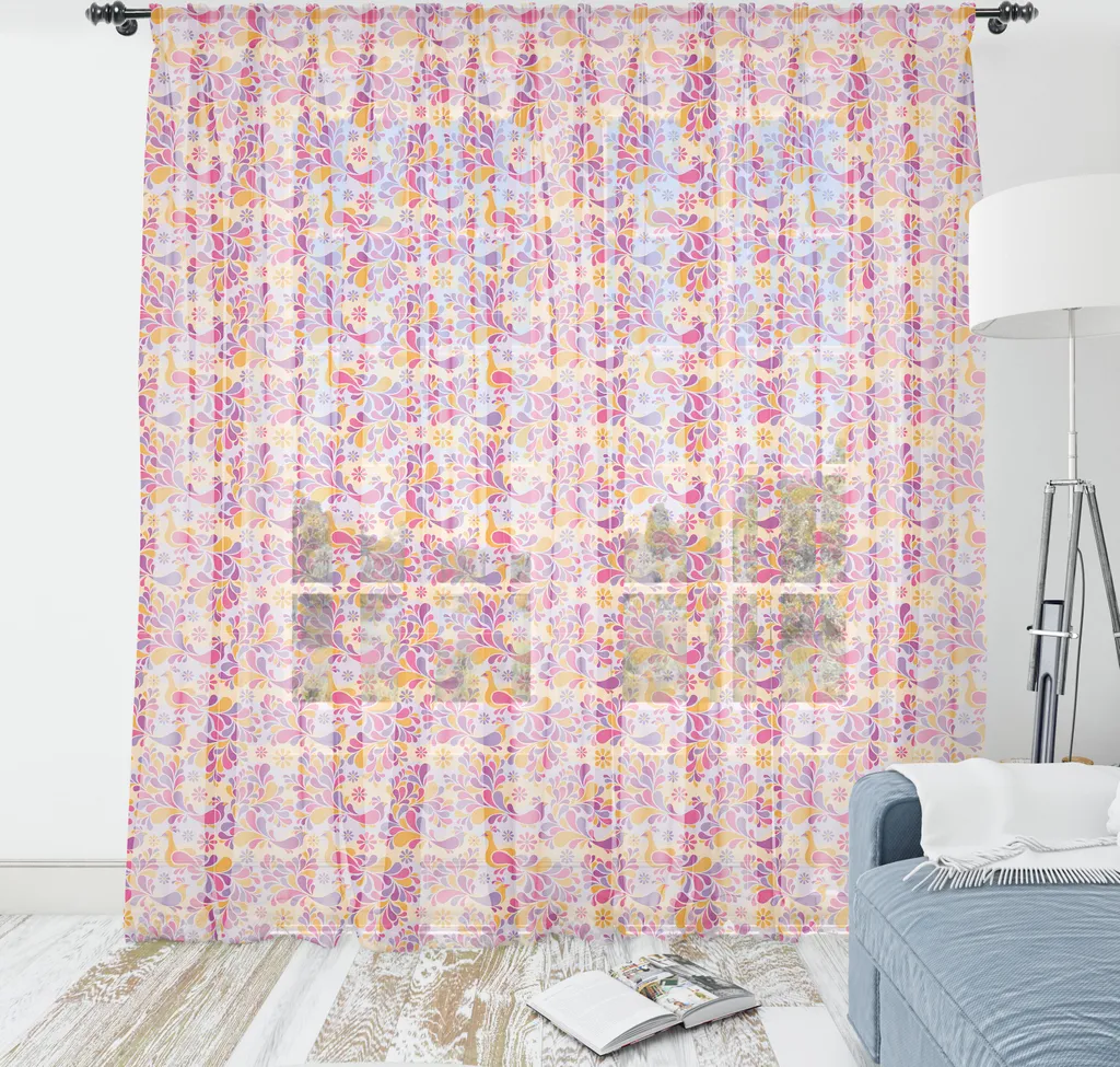 Décoration murale salon paon rose et magenta en satin soyeux 160x274cm