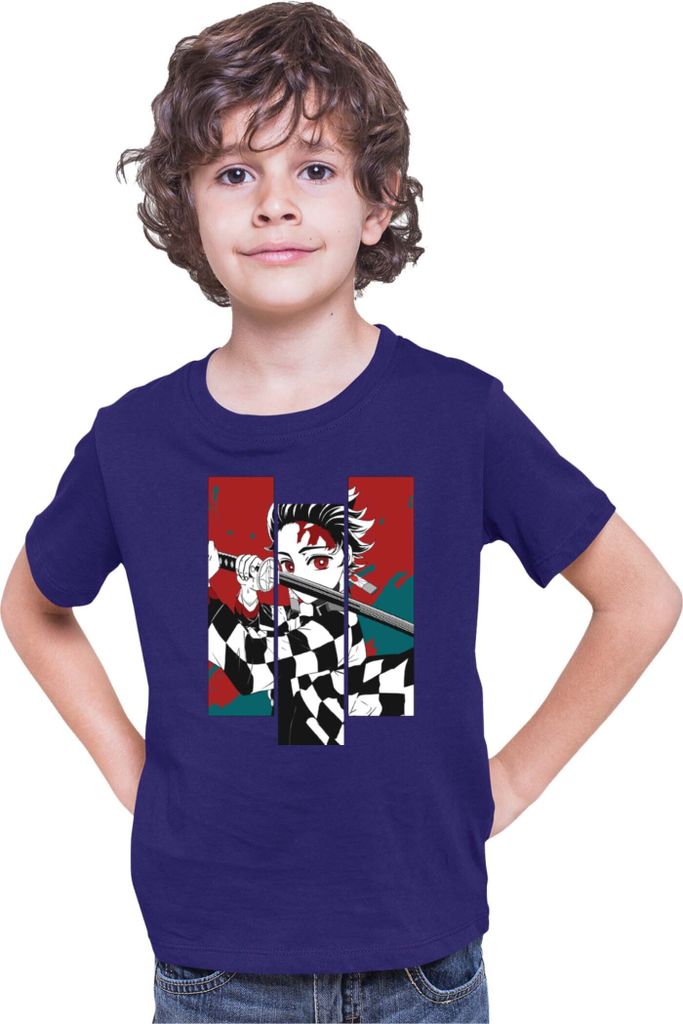 Kinder T-Shirt Demon Anime Slayer Kimetsu No Yaiba Tanjiro Kamado 011, 9-11 Jahr - 140 / Dunkelblau