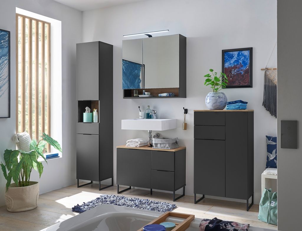 Badezimmer-Set >Denver< (4-tlg.) in schwarz / Evoke Eiche Nachbildung - 220x195x35 (BxHxT)