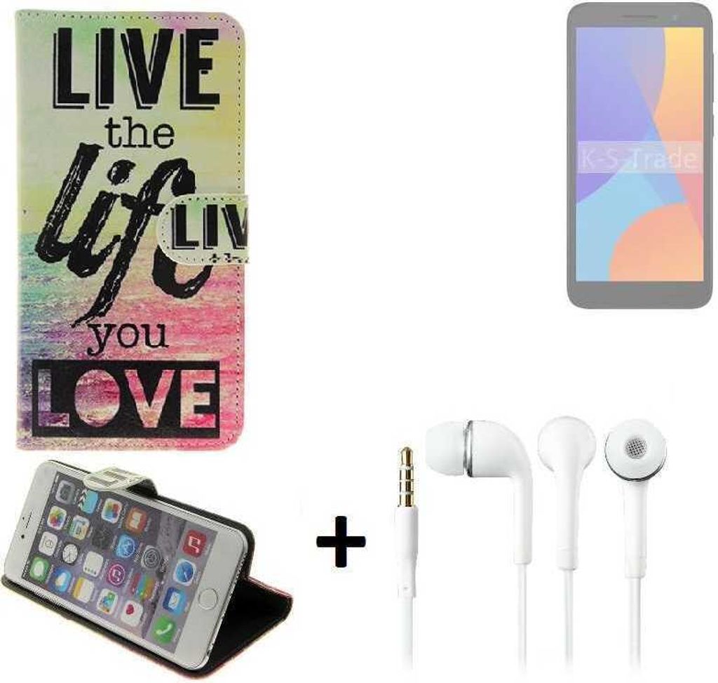 K-S-Trade Schutz Hülle kompatibel mit Alcatel 1 (2021) 360° Wallet Case “live life love“ Tasche Handy Hülle Etui Smartphone Flip cover