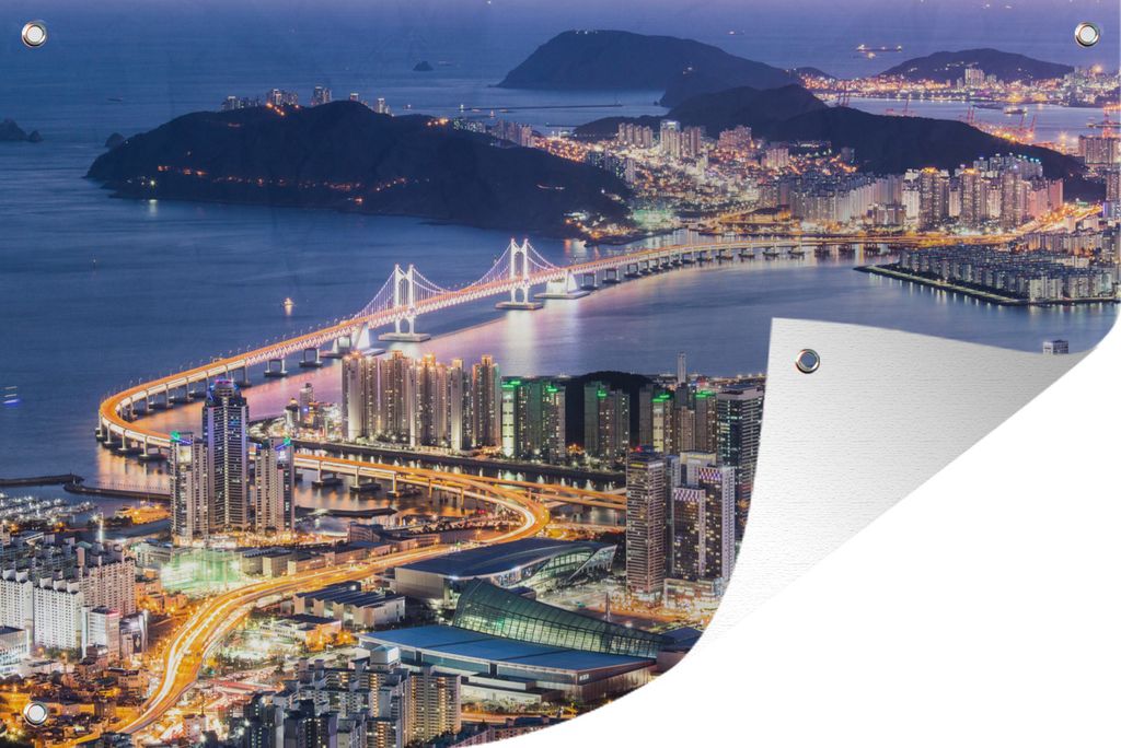 MuchoWow 120x80 cm Outdoor-Poster Gartendeko Sichtschutz Garten Poster für den Garten Skyline von Busan in Südkorea am Abend