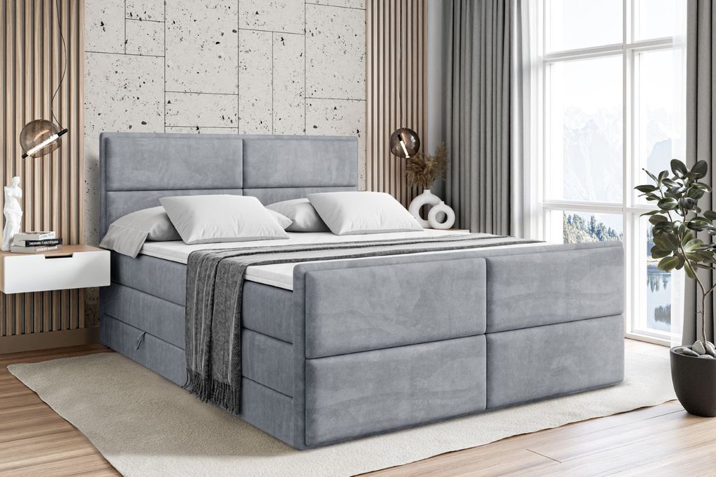 ALTDECOR Boxspringbett mit Fußteil, 2 Matratzen und Topper - 180x200 cm - AURA-Z KING - Grau Samt - Polsterbett mit, H3- und H4- Matratzen, Bettka...