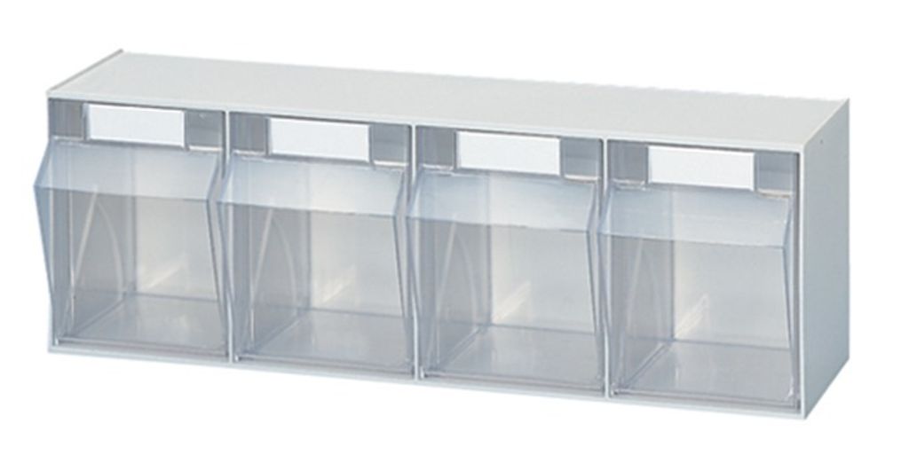 A white storage unit with four clear bins.