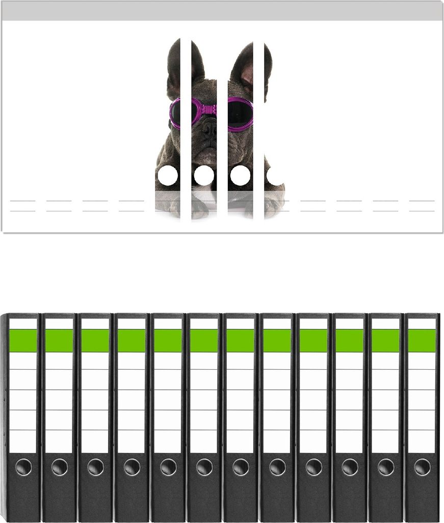 Wallario 12 Stück schmale Ordner inkl. Klebeetiketten mit Motive Cooler Hund mit Sonnenbrille in pink - Französische Bulldogge - Set mit Rücken...