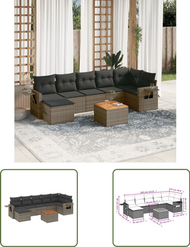 The Living Store 8-tlg. Garten-Sofagarnitur mit Kissen Grau Poly Rattan