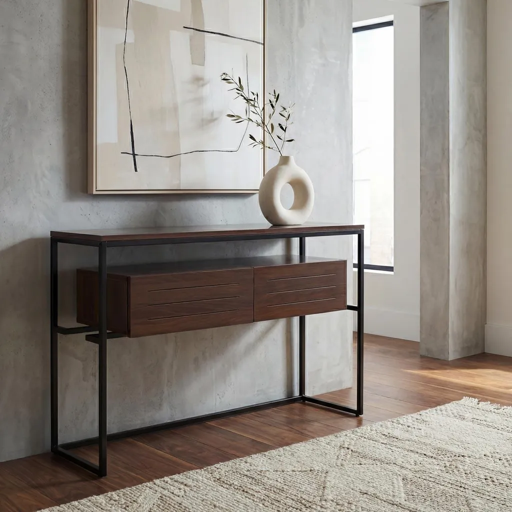 Table d'appoint console entrée 120cm aspect noyer pour rangement clé - 9