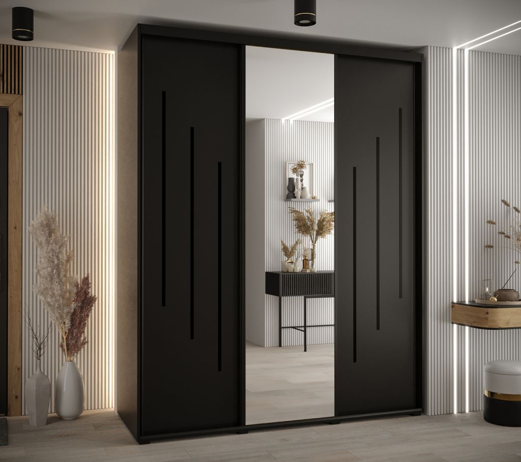 Kleiderschrank YVONA 9 - 200/60 cm, schwarz / schwarz