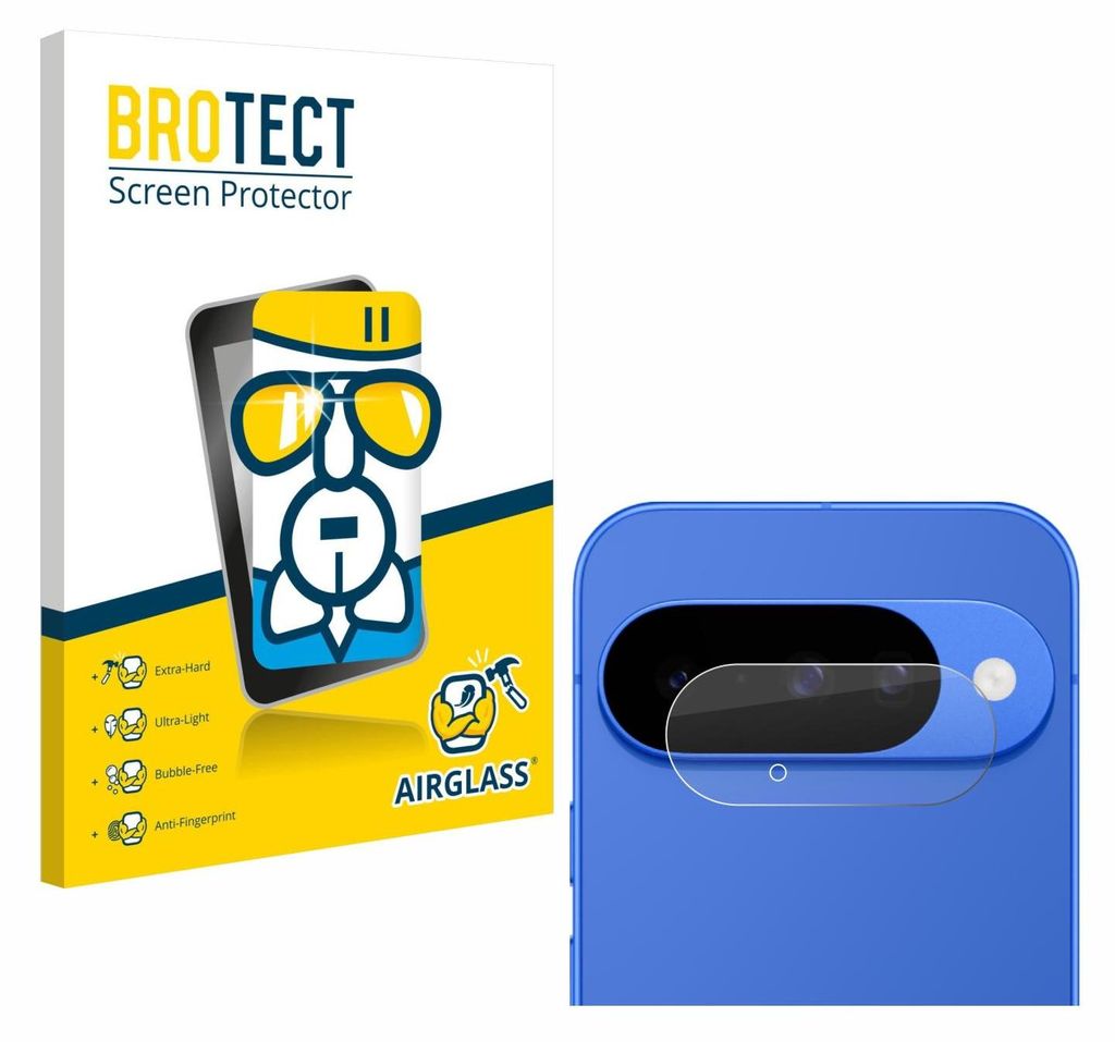 A product packaging for a screen protector and a close-up of a phone camera lens with a screen protector applied.