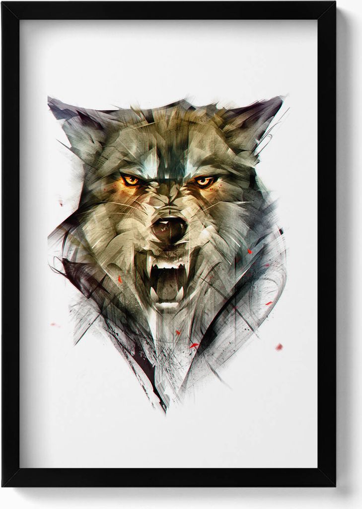 Gezeichnetes Porträt eines Wolfs– Wandbild mit Rahmen – Gerahmtes Bild – Wanddekoration – 40x60 cm – Schwarz