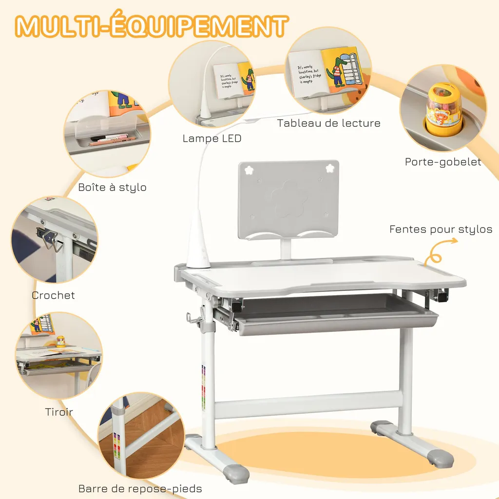 Bureau Enfant Inclinable avec Lampe LED et Support Lecture - Gris Hauteur